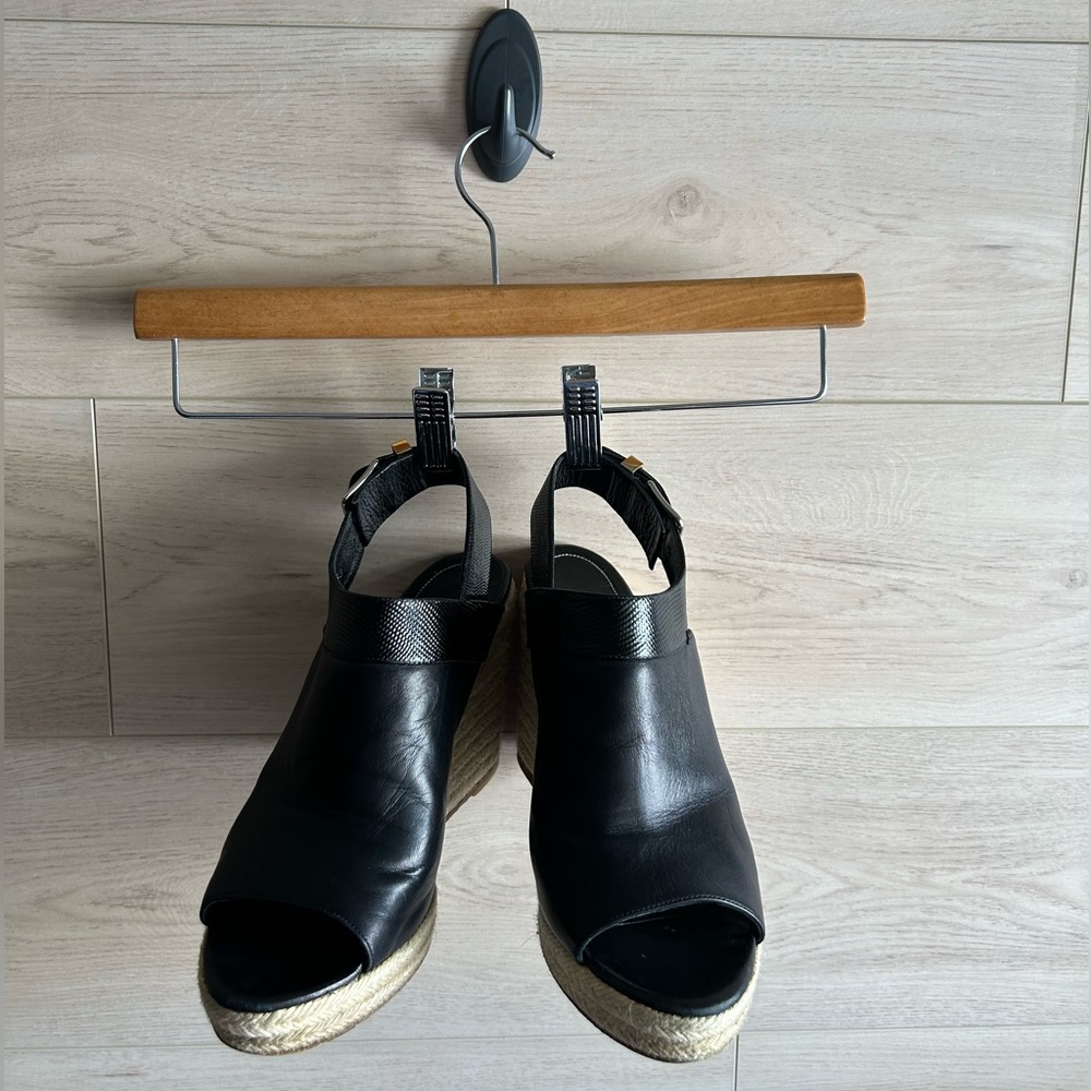 Balenciaga Black Leather Espadrille Wedge Sandals Size 10